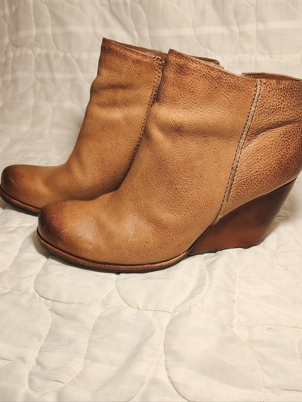 Kork-Ease Natalya Tan Brown Leather Wedge Bootie Boho Comfort Size 8.5